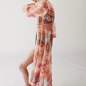 Zara V-Neck Long Sleeve Lace Detail Printed Kaftan Kimono Coverup Dress Size S
